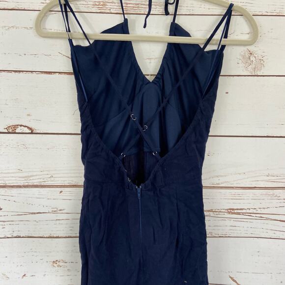 Windsor M Blue Linen Strappy Open Back Keyhole Flowy Straight Leg Jumpsuit - Picture 7 of 10